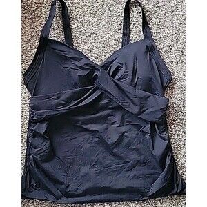 Swim Top 16W Black Wrap Front Tankini Solid Lined Wide Straps Lands End S110